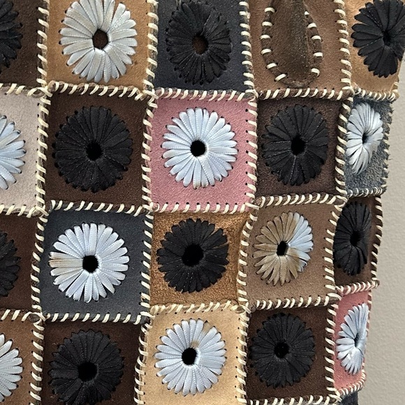 Hand Crafted Artisan Suede Patchwork Floral Embroidered Boho Zipper Tote Bag - Picture 8 of 8